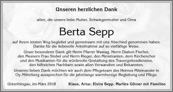 Traueranzeige von Berta Sepp von Allgäuer Zeitung, Marktoberdorf