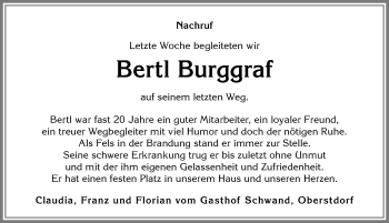 Traueranzeige von Bertl Burggraf von Allgäuer Anzeigeblatt