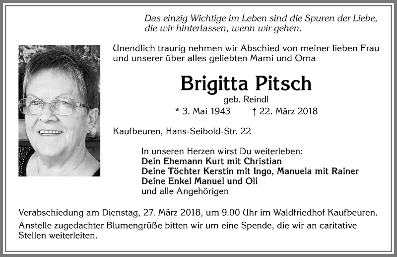  Traueranzeige für Brigitta Pitsch vom 24.03.2018 aus Allgäuer Zeitung, Kaufbeuren/Buchloe