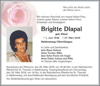Traueranzeige von Brigitte Dlapal von Allgäuer Zeitung,Kempten