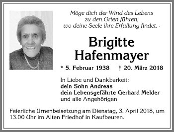 Traueranzeige von Brigitte Hafenmayer von Allgäuer Zeitung, Kaufbeuren/Buchloe