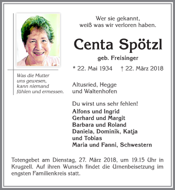 Traueranzeige von Centa Spötzl von Allgäuer Zeitung,Kempten