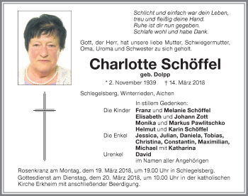 Traueranzeige von Charlotte Schöffel von Memminger Zeitung
