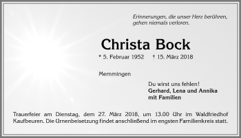 Traueranzeige von Christa Bock von Memminger Zeitung