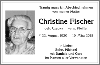 Traueranzeige von Christine Fischer von Allgäuer Zeitung, Kaufbeuren/Buchloe