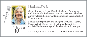 Traueranzeige von Claudia Kleß von Allgäuer Zeitung, Füssen