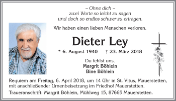 Traueranzeige von Dieter Ley von Allgäuer Zeitung, Kaufbeuren/Buchloe