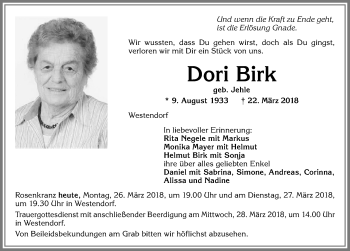 Traueranzeige von Dori Birk von Allgäuer Zeitung, Kaufbeuren/Buchloe
