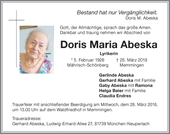 Traueranzeige von Doris Maria Abeska von Memminger Zeitung