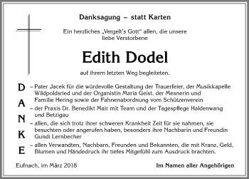 Traueranzeige von Edith Dodel von Allgäuer Zeitung,Kempten