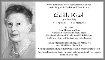 Traueranzeige von Edith Knoll von Allgäuer Zeitung, Marktoberdorf