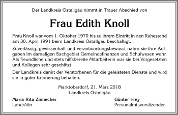 Traueranzeige von Edith Knoll von Allgäuer Zeitung, Marktoberdorf