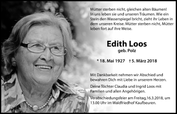 Traueranzeige von Edith Loos von Allgäuer Zeitung, Kaufbeuren/Buchloe