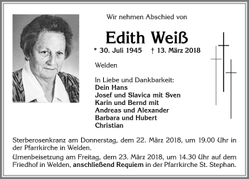 Traueranzeige von Edith Weiß von Allgäuer Zeitung