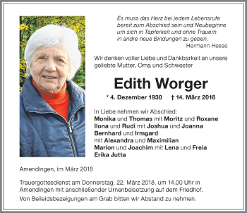 Traueranzeige von Edith Worger von Memminger Zeitung