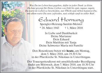 Traueranzeige von Eduard Hornung von Allgäuer Zeitung, Marktoberdorf