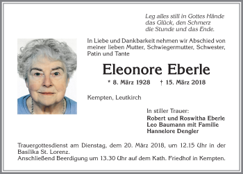 Traueranzeige von Eleonore Eberle von Allgäuer Zeitung,Kempten