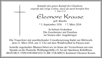 Traueranzeige von Eleonore Krause von Allgäuer Zeitung, Füssen