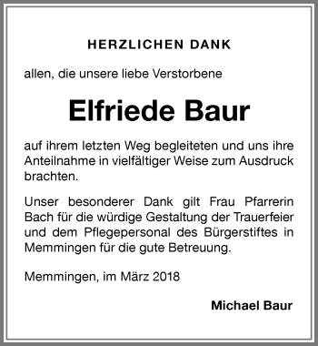 Traueranzeige von Elfriede Baur von Memminger Zeitung