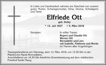 Traueranzeige von Elfriede Ott von Allgäuer Zeitung,Kempten