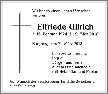 Traueranzeige von Elfriede Ullrich von Allgäuer Anzeigeblatt