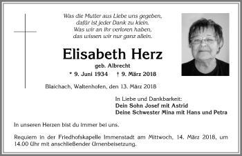 Traueranzeige von Elisabeth Herz von Allgäuer Anzeigeblatt