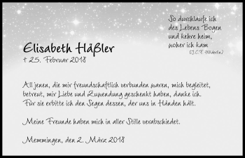 Traueranzeige von Elisabeth Häßler von Memminger Zeitung