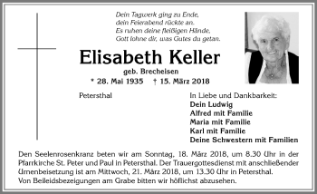 Traueranzeige von Elisabeth Keller von Allgäuer Zeitung