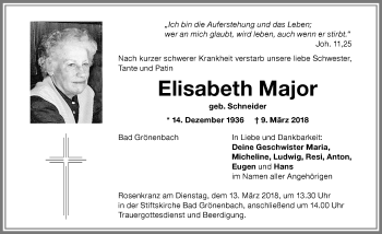 Traueranzeige von Elisabeth Major von Memminger Zeitung