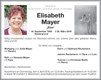 Traueranzeige von Elisabeth Mayer von Memminger Zeitung