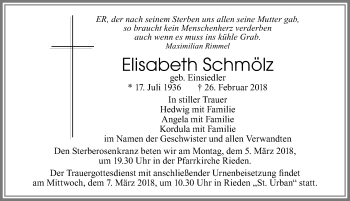 Traueranzeige von Elisabeth Schmölz von Allgäuer Zeitung, Füssen