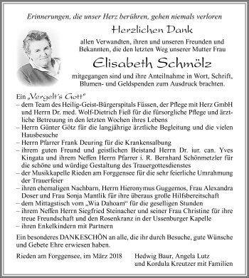 Traueranzeige von Elisabeth Schmölz von Allgäuer Zeitung, Füssen