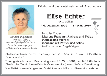 Traueranzeige von Elise Echter von Allgäuer Zeitung, Kaufbeuren/Buchloe