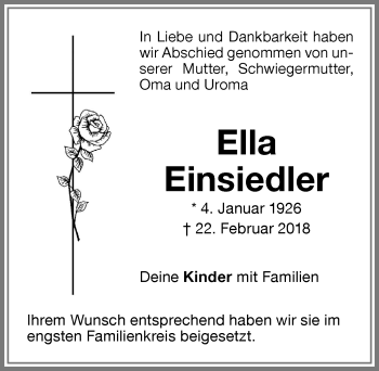 Traueranzeige von Ella Einsiedler von Memminger Zeitung