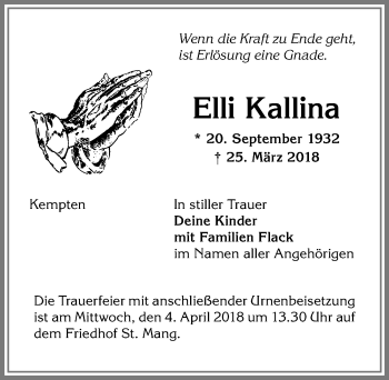 Traueranzeige von Elli Kallina von Allgäuer Zeitung,Kempten