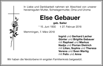 Traueranzeige von Else Gebauer von Memminger Zeitung