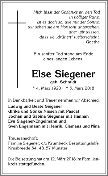 Traueranzeige von Else Siegener von Allgäuer Anzeigeblatt