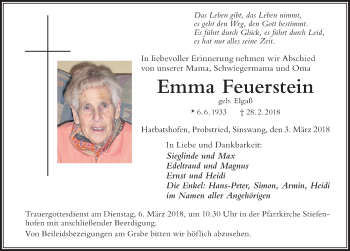 Traueranzeige von Emma Feuerstein von Der Westallgäuer