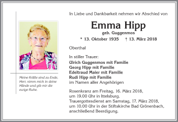 Traueranzeige von Emma Hipp von Memminger Zeitung