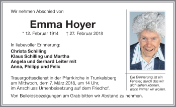 Traueranzeige von Emma Hoyer von Memminger Zeitung