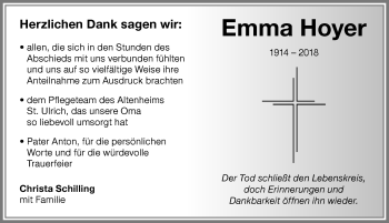 Traueranzeige von Emma Hoyer von Memminger Zeitung