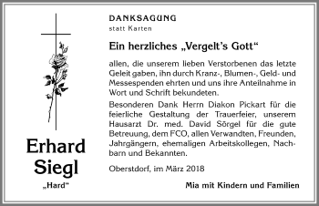Traueranzeige von Erhard Siegl von Allgäuer Anzeigeblatt