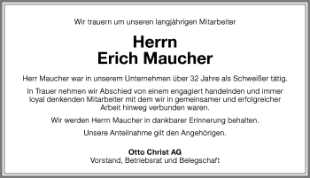 Traueranzeige von Erich Maucher von Memminger Zeitung