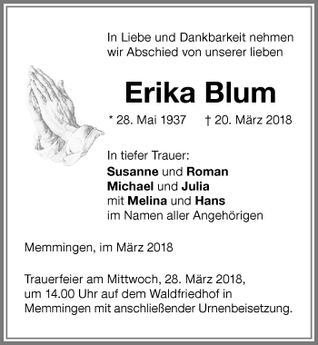 Traueranzeige von Erika Blum von Memminger Zeitung