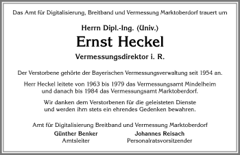 Traueranzeige von Ernst Heckel von Allgäuer Zeitung, Marktoberdorf