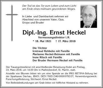 Traueranzeige von Ernst Heckel von Allgäuer Zeitung, Marktoberdorf