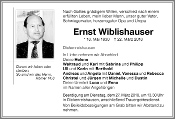 Traueranzeige von Ernst Wiblishauser von Memminger Zeitung