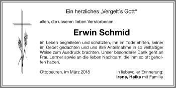Traueranzeige von Erwin Schmid von Memminger Zeitung