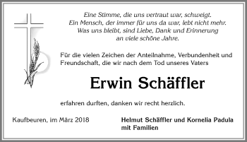 Traueranzeige von Erwin Schäffler von Allgäuer Zeitung, Kaufbeuren/Buchloe