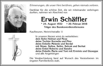 Traueranzeige von Erwin Schäffler von Allgäuer Zeitung, Kaufbeuren/Buchloe